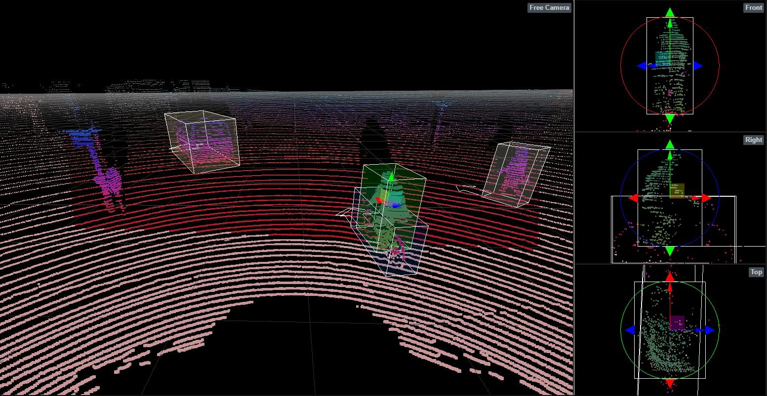 The same street scene is shown here in a 3-D LiDAR sensor image that is annotated using UAI Annotator, a data annotation tool.