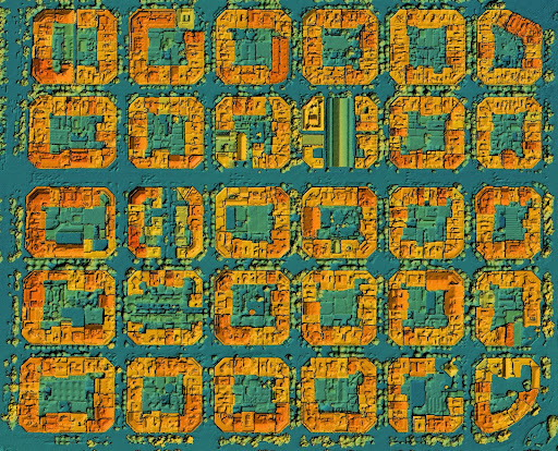 Digital elevation model showing city a LiDAR scanned urban area with roads and junctions between dense blocks