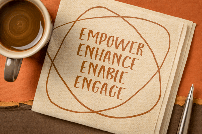 a cup of coffee, a pen, and a napkin between them; on the napkin is the text, "Empower, enhance, enable, engage," written to illustrate how sales enablement helps insurance sales reps sell more insurance."
