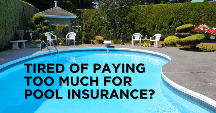 A postcard showing a backyard swimming pool and large overlaid text that says, "Tired of paying too much for pool insurance?" as a way to communicate that insurance companies are using drone and satellite imagery to cause customers to switch companies.
