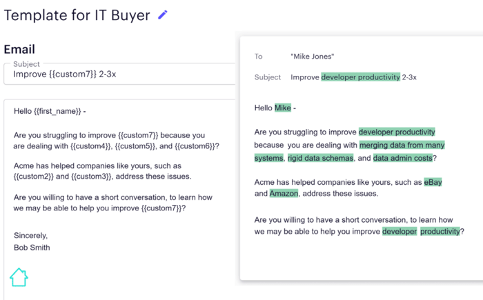 Tribyl sales email template pre-populated with use cases and pain points found in closed-won deals with similar companies; Tribyl finds these elements by using NLP and machine learning on buyer conversations found in Salesforce, call recordings, win-loss interviews, and more.