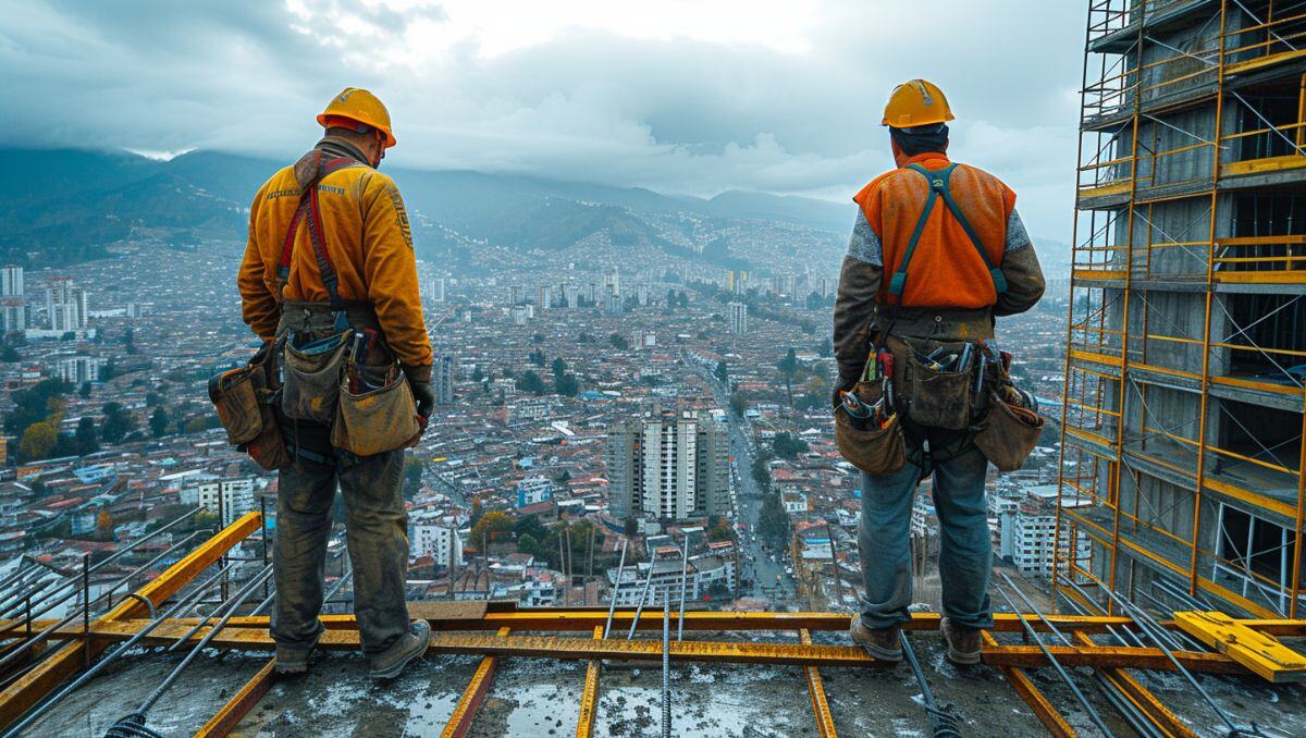 two construction workers standing on a tall building overlooking a city